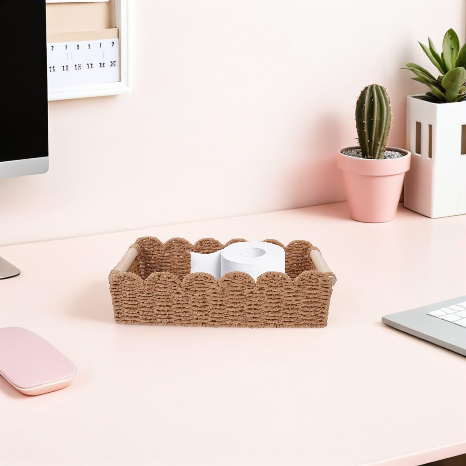 Cesta de Almacenamiento para Papel Higiénico con Borde Festoneado y Asas de Madera, Cesta Grande y Pequeña de Cuerda de Papel Tejida, Organizador Decorativo para Baño y Estante, 2