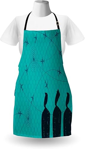 Miniatura 2 de Ambesonne Airport Apron, Abstract Creative Man Silhouettes Look Flight Paths, Unisex Kitchen Bib Apron with Adjustable Neck for Cooking Baking
