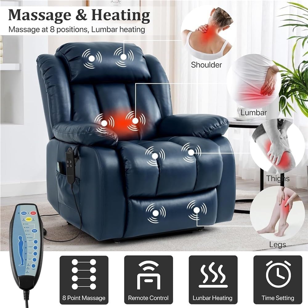Dual Motor Power Lift Recliner Chair for Elderly Adults with Infinite Positioning Heated Massage System Premium Breathable Leather Large Electric Reclining Sofa Living Room Furniture Dark Blue