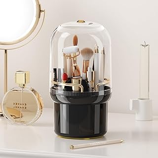 منظم حامل فرش مكياج بغطاء من واي سي اي ايه اند دون مقاوم للغبار دوار 360 درجة للتسريحة - أسود رقيق