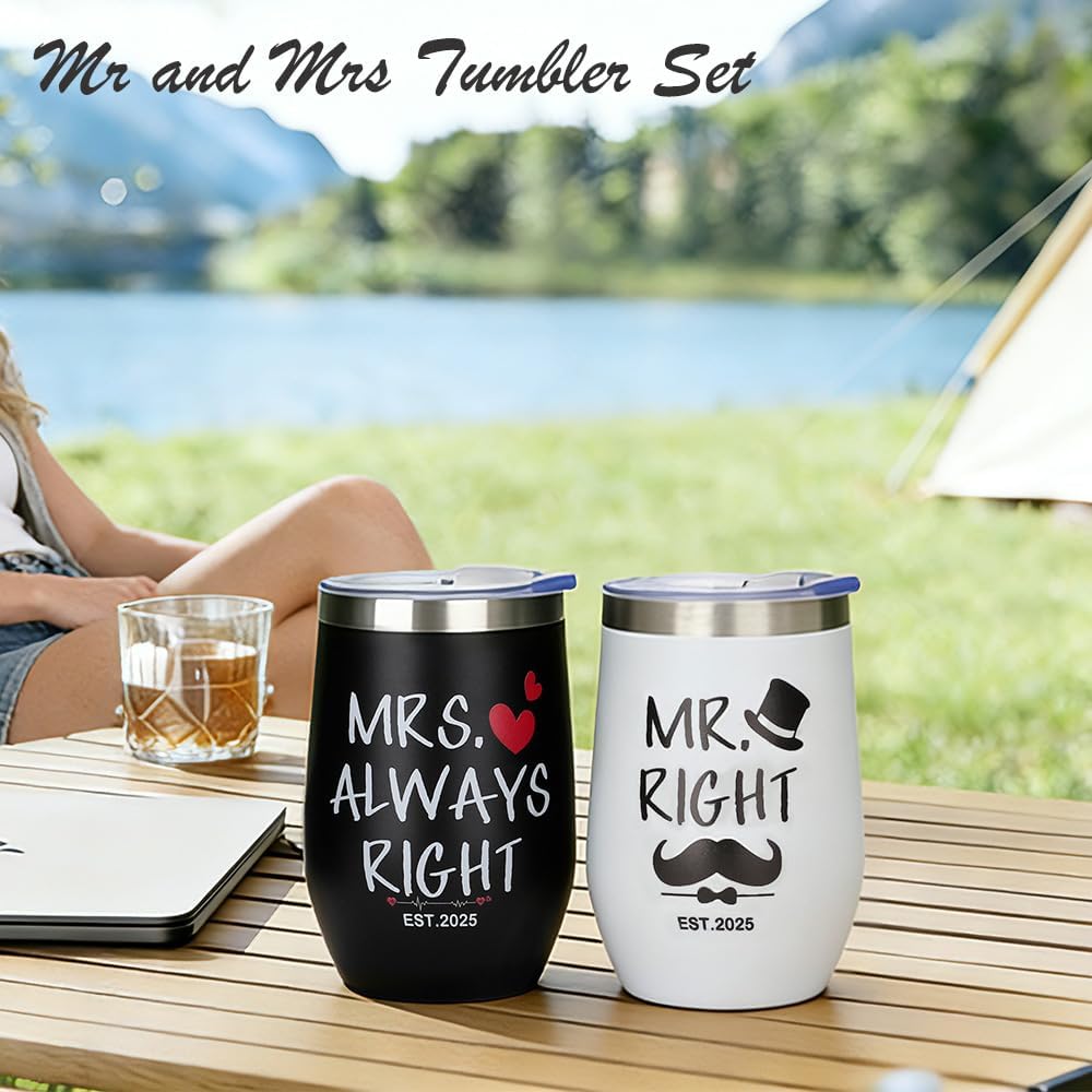 Mr. and Mrs. Right Couples Cups Set with Wooden Gift Box, Insulated Stainless Steel, Funny Gifts for Couples, Bridal Shower Gifts, Christmas(Black (MRS) & White (MR)) - Image 2