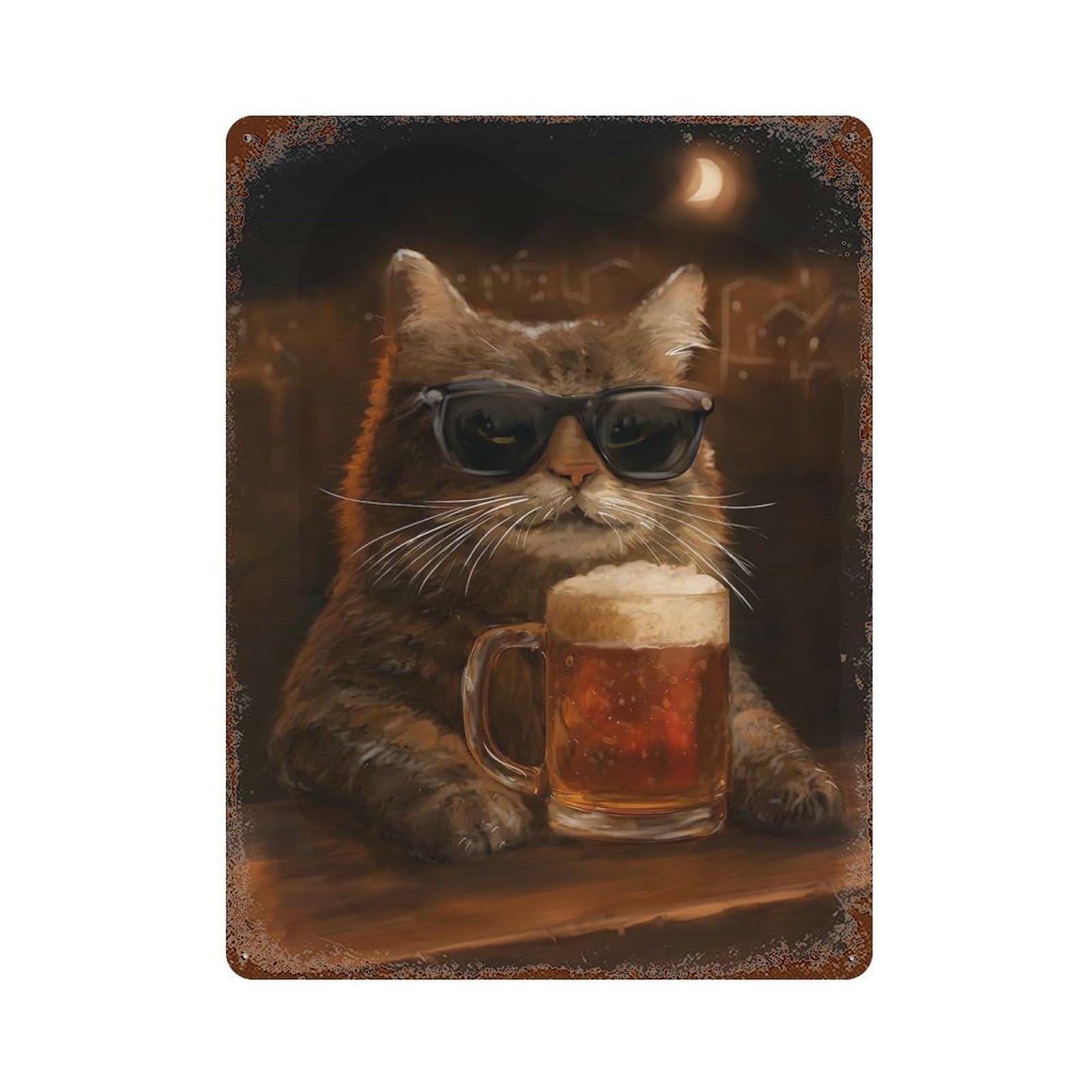 Cool Cat with Beer 15.7"x11.8" Retro Metal Sign, Industrial Home Decor for Office, Studio And Wall Decor