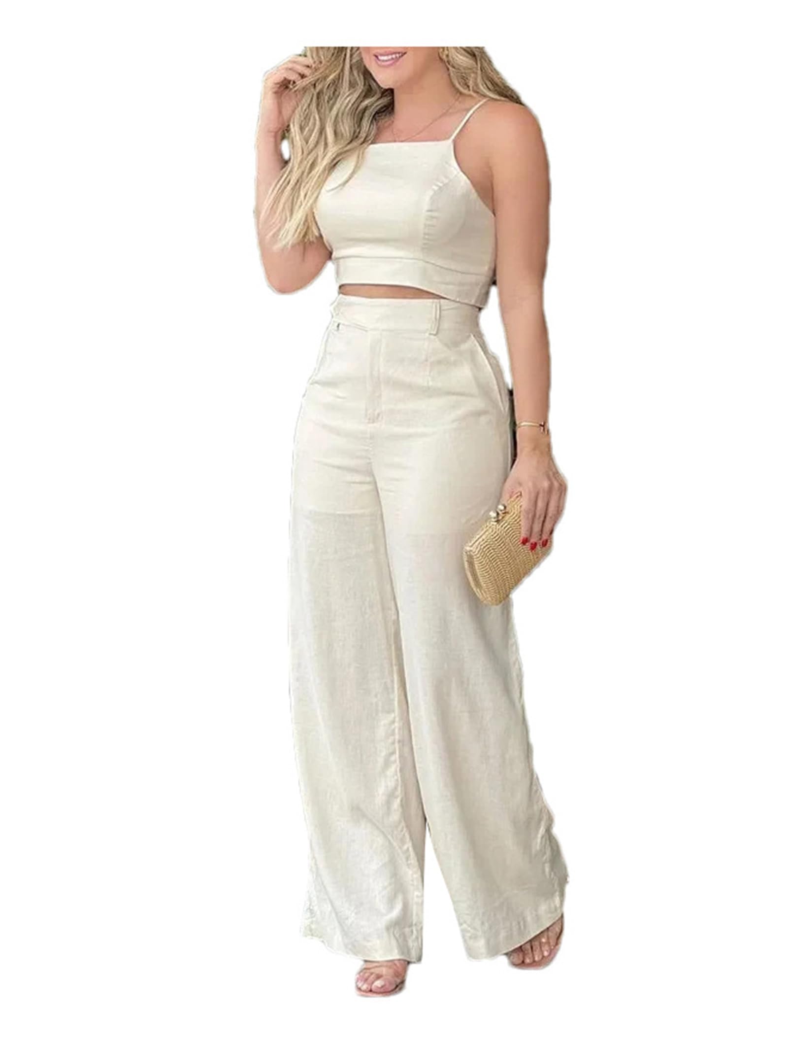 Women Fashion Solid Spaghetti Straps Crop Top And High Waist Straight Trousers Two Pieces Pants Sets