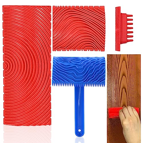 GZjiyu 2 Piezas Veteador Efecto Madera y 1 Piezas Rodillo Efecto Madera con Mango para DIY Hogar Pared Madera de Imitación Decoración Arte de Pintura