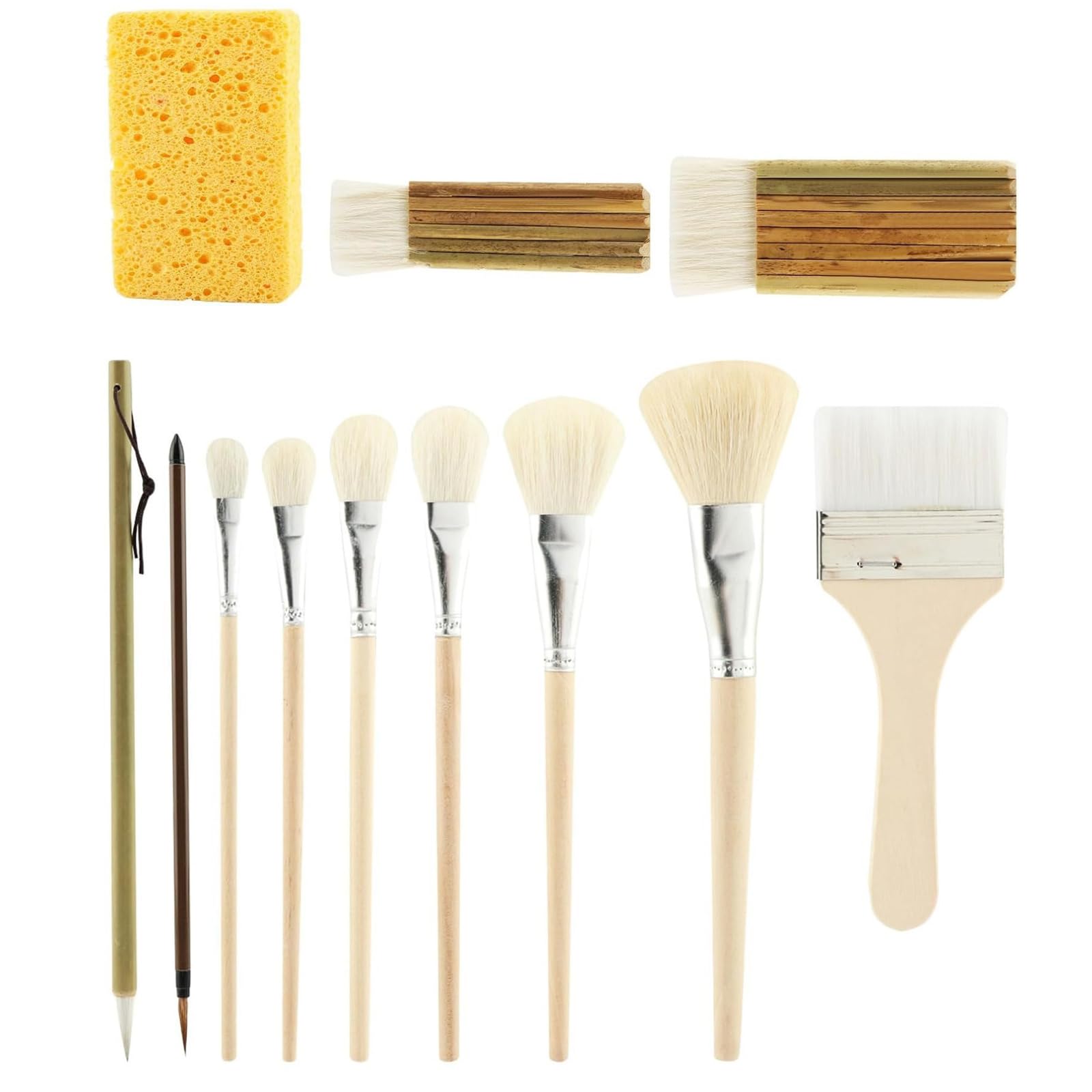 Pennelli in ceramica in capra per smaltatura ceramica, set pennelli da 12 con forme assortite, manici in legno, pennelli in ceramica in spugna visibile Assortimento