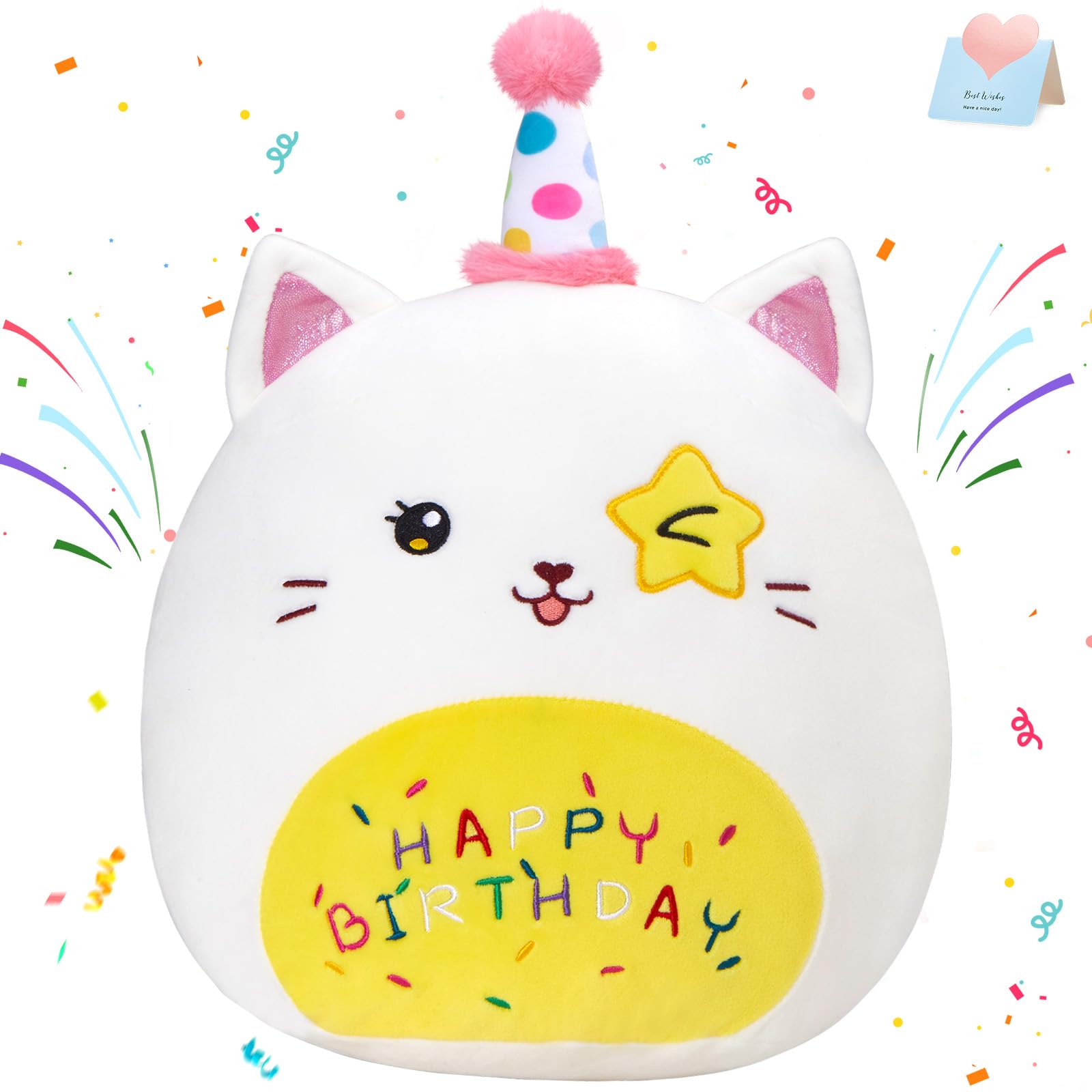 CozyWorld 16" Birthday Cat Plush Pillow Soft Kawaii Kitty Plush Toy Cute Stuffed Animal Star Wink Funny Pillows Home Room Decoration Birthday Gift for Kids Toddlers White.