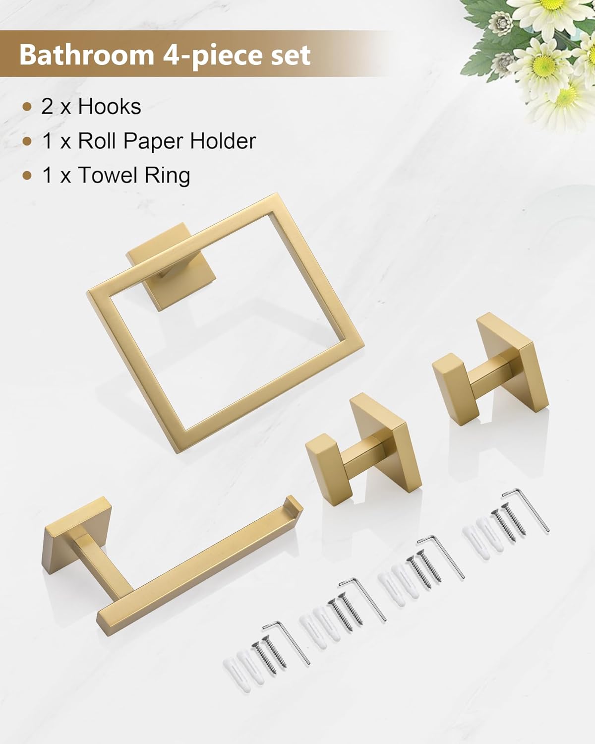 Brushed Gold Bathroom Hardware Set 4 Pieces, Toilet Paper Holder Set SUS304 Stainless Steel Bath Hand Towel Ring for Bathroom Hardware Accessories Set Wall Mounted