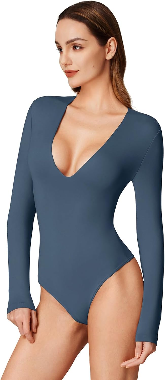 REORIA Women's Trendy Sexy Plunge Deep V Neck Long Sleeve Bodysuit Double Lined Going Out T Shirt Tops - Image 3