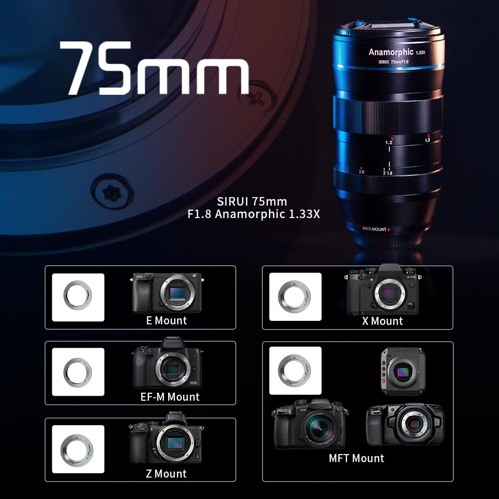 SIRUI Anamorphic1.33x 75mm F1.8 EF-Mマウント Amazon.com : SIRUI 75mm F1.8 1.33X APS-C Anamorphic Lens for E