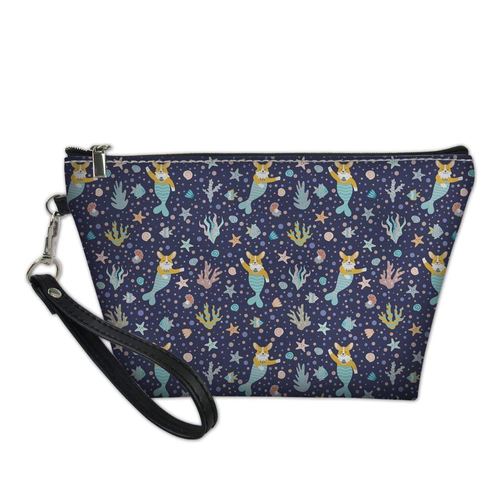 Fashion Trend Cute Animal Classy Boston Terrier Womens PU Leather Trapezoid Cosmetic Bag,Colour Name:Doberman Flower Beautiful Classic Temperament (Color : Corgi Mermaid)
