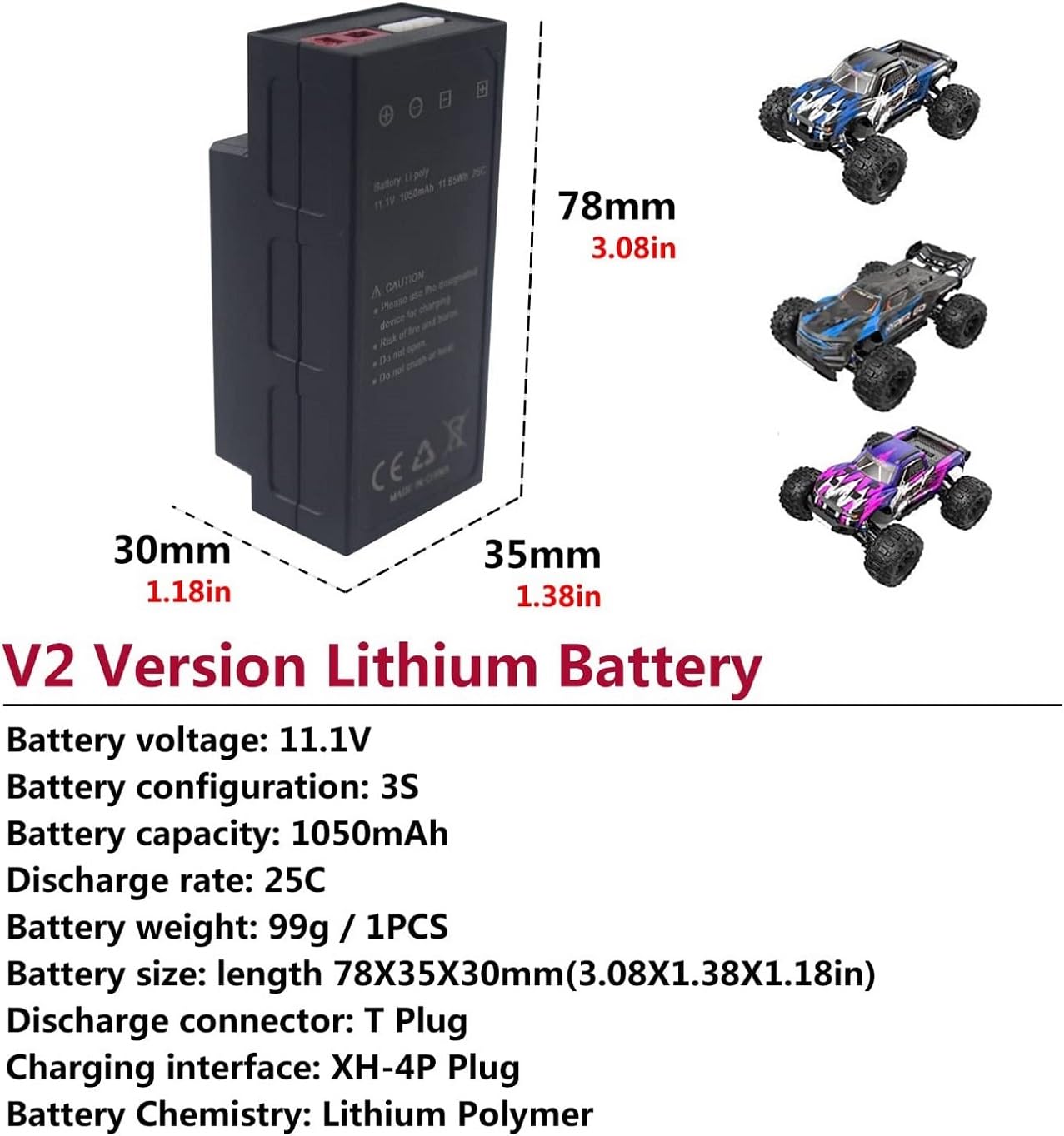 2-Pack 11.1V 1050mAh 3S LiPo Batteries With USB Cables For MJX H16 Remote Control Cars - View #11