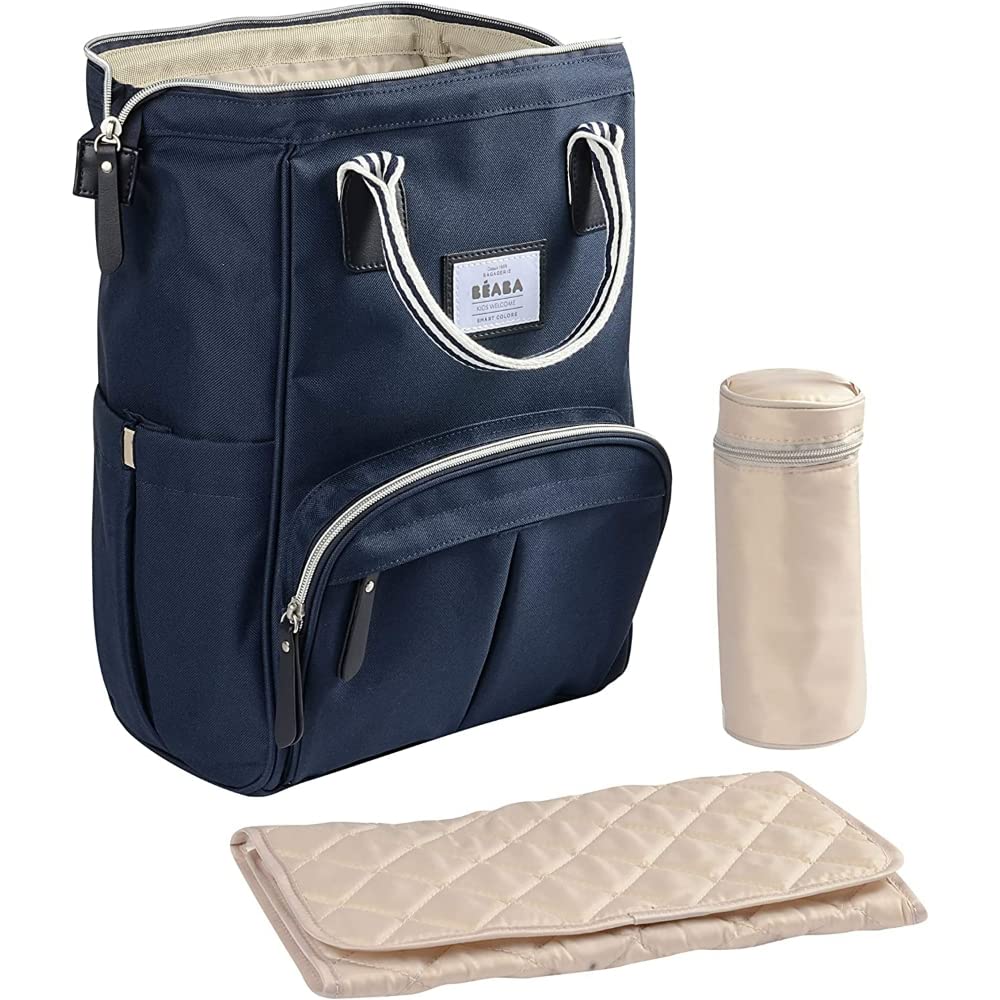 BÉABA, Sac à Dos à Langer pour Bébé,Grande capacité de rangement et ouverture, Multiples poches isothermes,Tapis inclus, pour Voyage, Multifonctionnel, Sac Wellington - Bleu marine