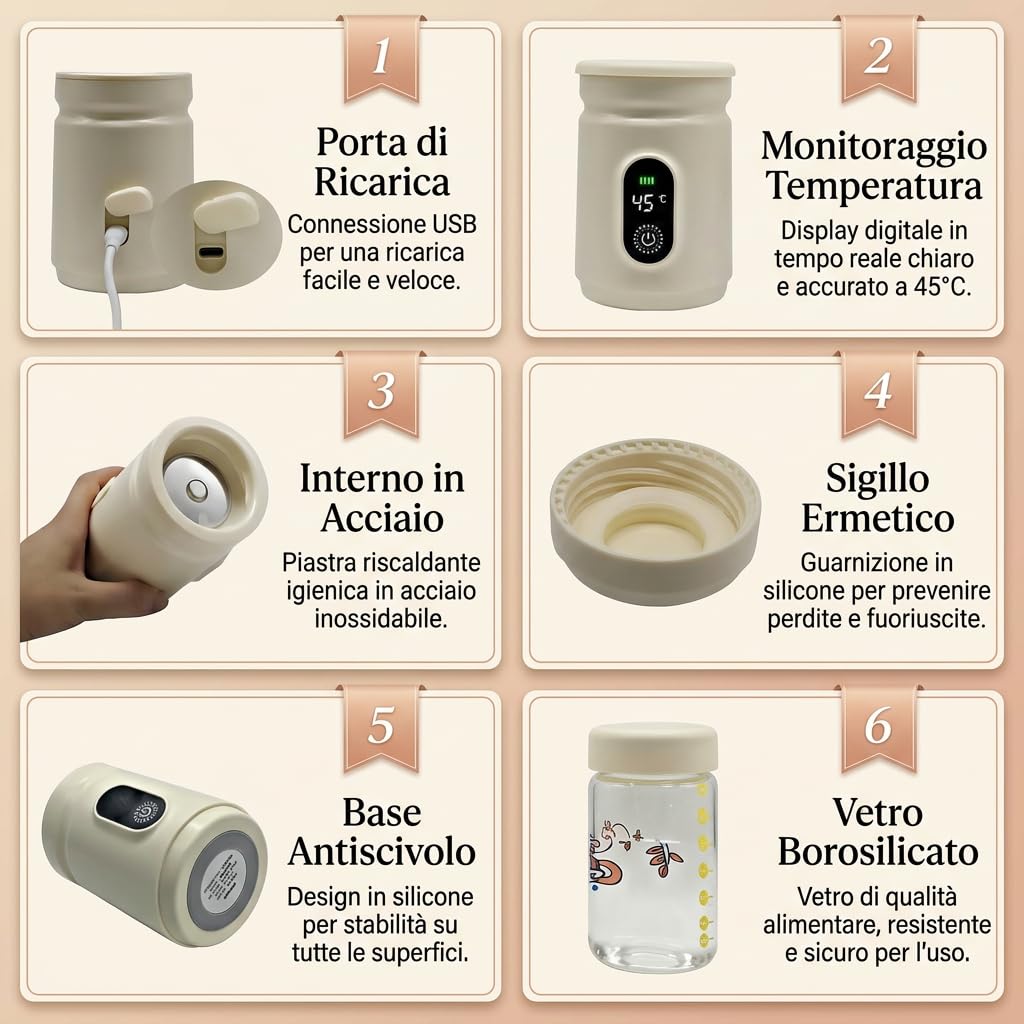 VEO - The First Portable Battery-operated Bottle Warmer Scaldabiberon Portatile Ricaricabile 70 Gradi con Funzionamento a un Solo Pulsante per Neonati e Famiglie Attive