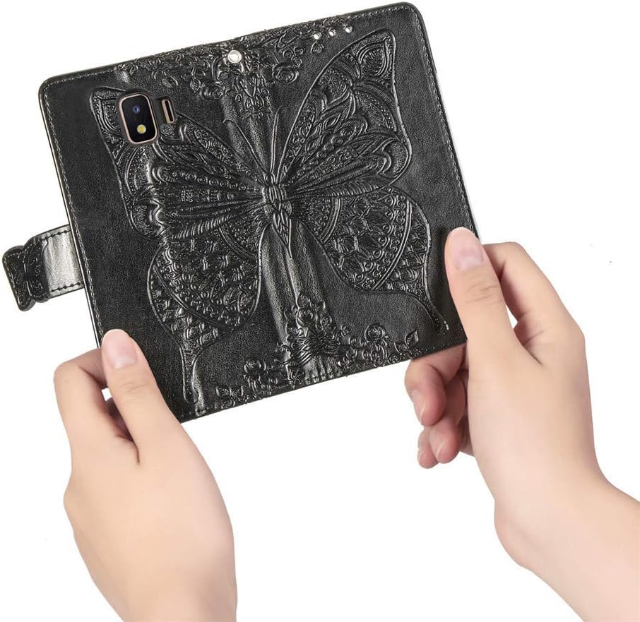 XYX Wallet Case for Galaxy J2 Core,[3D Butterfly Flower] PU Leather Folio Case with Kickstand Magnetic Closure Protective Cover for Samsung Galaxy J2 Core/J2 Dash/J2 Pure/J2 2019 (Black)