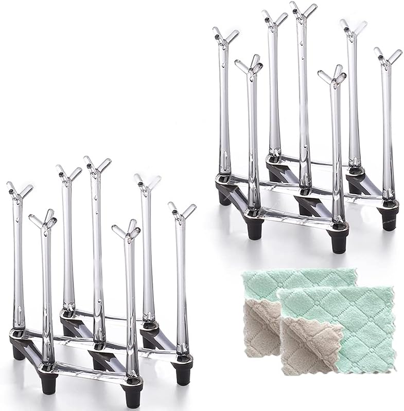 Retractable Cup Drying Rack, Drinking Glass and Sports Bottle Drainer Stand, Plastic Bag Dryer with Non-Slip Bottom for Kitchen Countertop, 2p