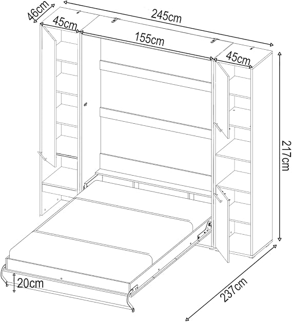 Arthauss Vertical Wall Hidden Pull-Out Double Storage Bed with LED 140cm - Fold Down Bed in White Matt - Multifunctional and Efficient for Small Rooms - Features Cabinets and Hideaway Design