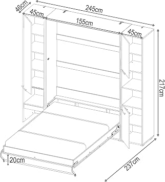 Arthauss Vertical Wall Hidden Pull-Out Double Storage Bed with LED 140cm - Fold Down Bed in White Matt - Multifunctional and Efficient for Small Rooms - Features Cabinets and Hideaway Design