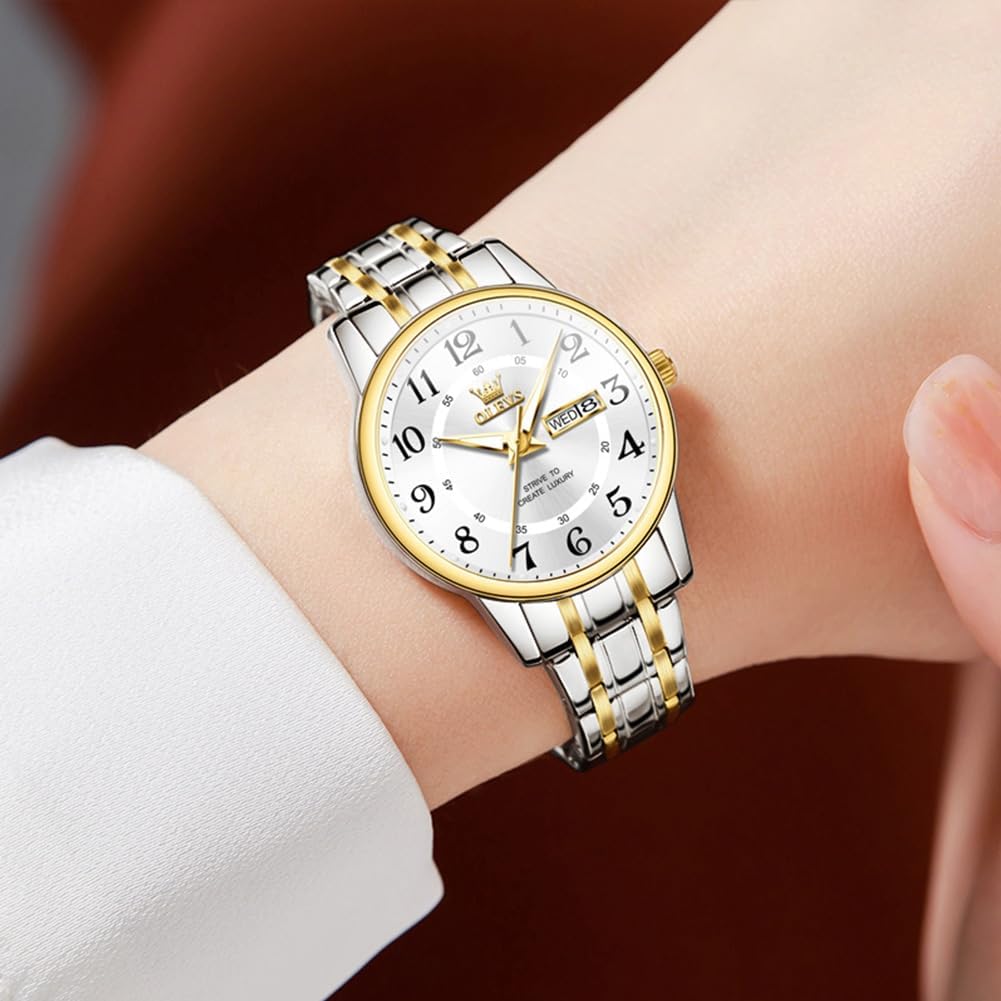 OLEVS Watches for Women, Womens Silver Dress Waterproof Two Tone Analog Stainless Steel Luxury Fashion Arabic Numerals Dainty Watch, Ladies Watches for Small Wrists with Date Gold Black Number Dial - Image 2