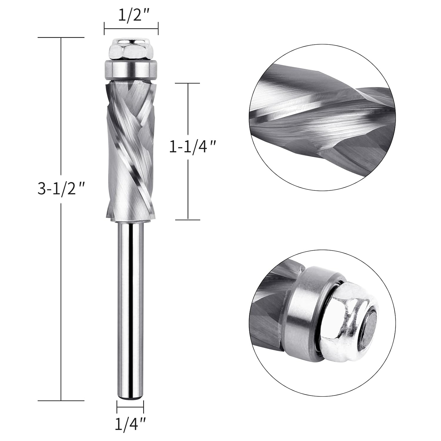 EANOSIC Extra Long Bottom Bearing Compression Spiral Flush Trim Router Bit 1/4" Shank 1-1/4" Cutting Length, Up/Down Cut Solid Carbide CNC Pattern/Template Router Bit for Wood Trimming