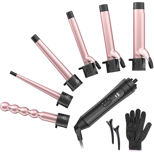 6-IN-1 Curling Iron, Professional Curling Wand Set, Instant Heat Up Hair Curler with 6 Interchangeable Ceramic Barrels (0.35'' to 1.25'') and 2 Temperature Adjustments, Heat Protective Glove & 2 Clips