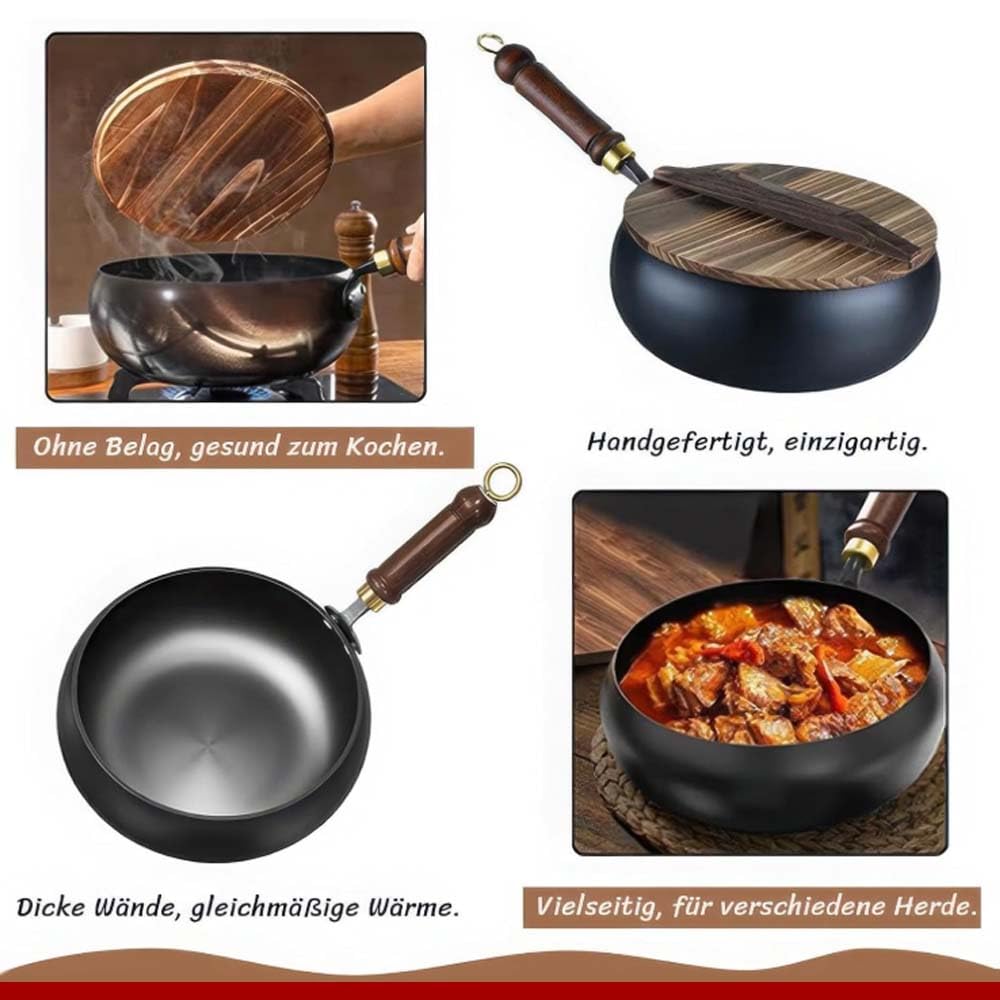 24cm Wokpfanne Mit Holzdeckel - Handgeschmiedete Eisenpfanne Für Induktion & Gasherd