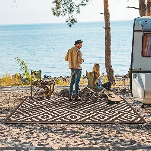 Image of GENIMO Outdoor Rug, Waterproof Plastic Rugs for Patio, 5'x8' Coffee Beige | Outside Larger Modern Carpet Mat for Porch Decor, Deck, Balcony, Camping, RV, Backyard, Picnic, Beach, Reversible, Foldable