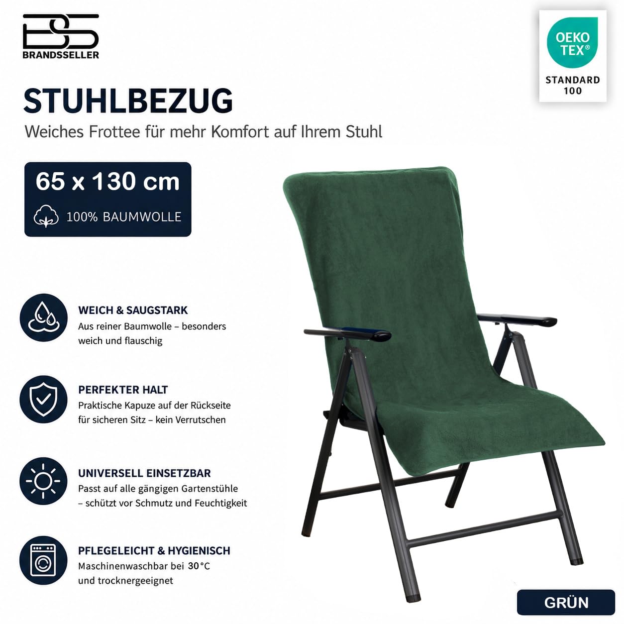 Brandsseller Coprisedia in Spugna per Sedia da Giardino 65x130 cm – Asciugamano XL in 100% Cotone Copricuscino - antiscivolo, lavabile, certificato Oeko-Tex – Verde Scuro