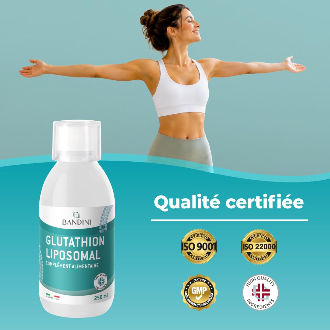 Bandini® Glutathion Liposomal 250 ml - Forme Active L-Glutathion Réductase | (GSH) Liquide - Puissant Antioxydant & Anti-âge - Protection Cellulaire Optimale - 100% Vegan Sans OGM - Avec Bouchon Doseur