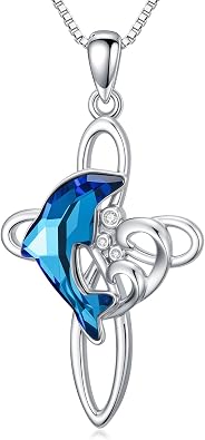 TwoAnts Sterling Silver Dolphin Pendant Necklace with Blue Crystal Dolphin Beach Themed Ocean Wave Jewelry for Women or Daughters Birthday