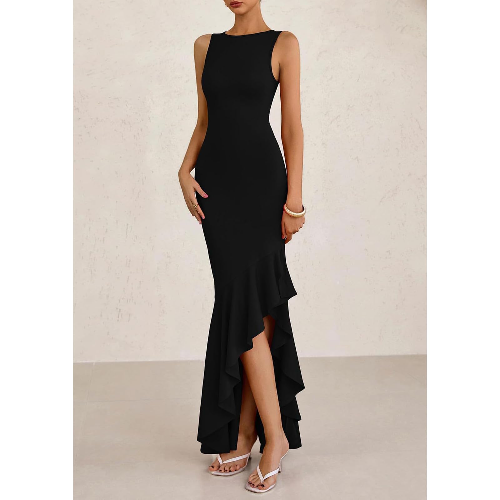 Damen Abendkleid Elegant Ballkleid Lange Rüsche Schlitz Meerjungfrau Bodycon Kleid Hochzeit Festlich Hi-Lo Sexy Partykleid Maxi Ärmellose Cocktailkleid Brautjunferkleid