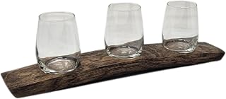 Barrel Stave 3 Glass Wine Flight Serving Tray Glasses Included, Dark Walnut