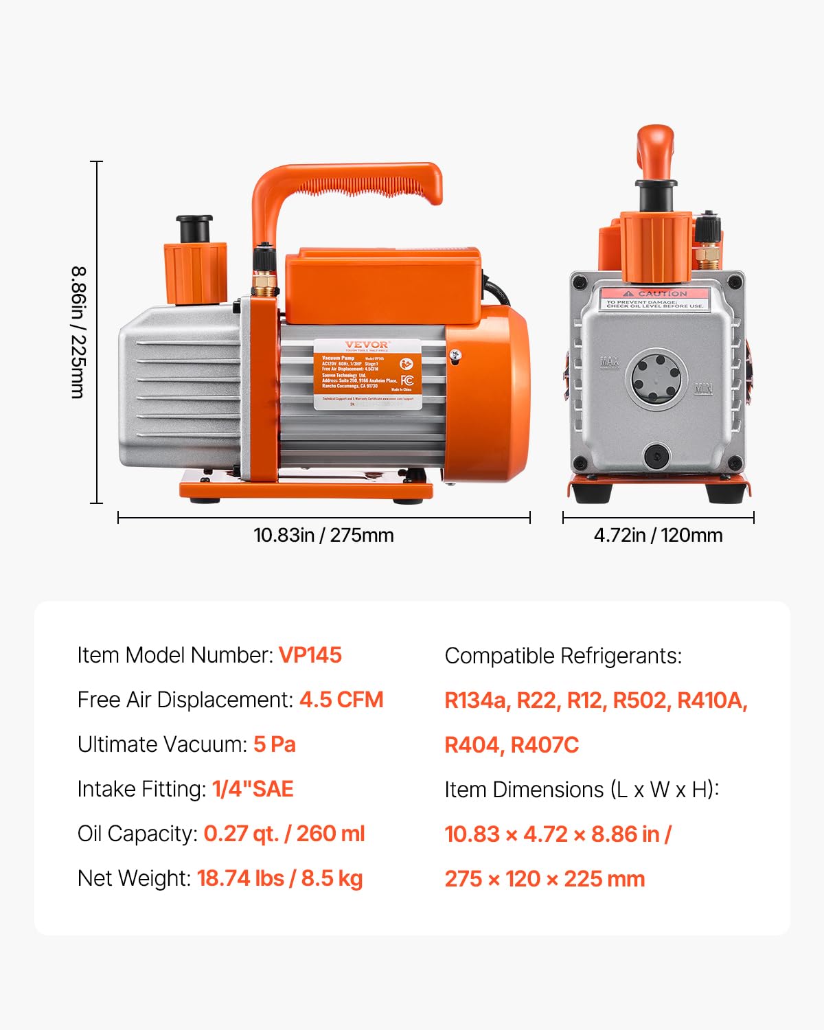 VEVOR Pompa per Vuoto e Manometro AC 2,12L/s, Pompa per Vuoto ad Aria HVAC, Kit Manometro Collettore Refrigerante A/C, con Tubi Rilevatori di Perdite, per R134a, R12, R22, R502a, R410A, R404, R407C
