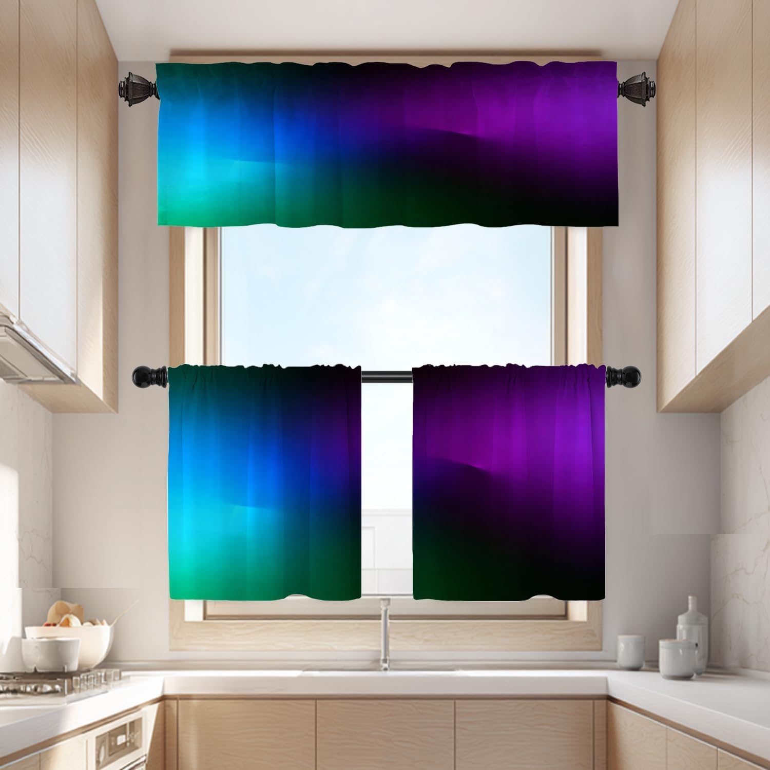 Batmerry Purple Teal Blue Green Kitchen Valances Half Window Curtain, Fancy Green Teal Black Kitchen Valances for Windows Bedroom Heat Insulated Valance for Decor Reducing The Light 52x18 Inch