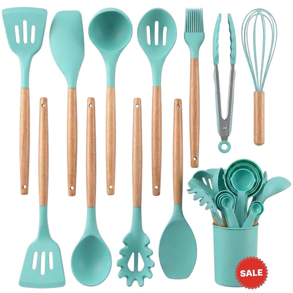 AHASON'S Juego de utensilios de cocina de silicona, 12 piezas de 230 °C a 230.0 °C, resistentes al calor, tenazas, cucharas, espátulas, cepillo, batidor con soporte, utensilios de cocina