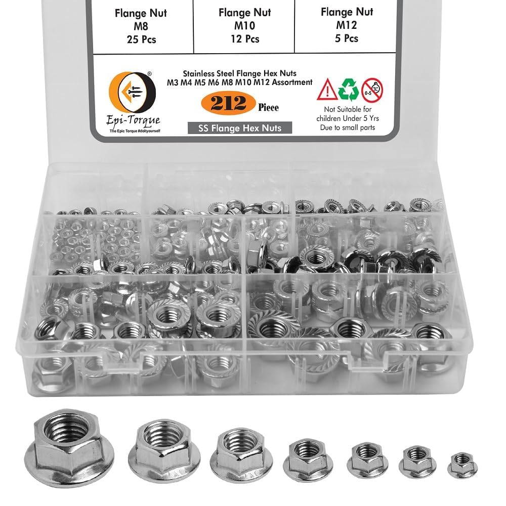 Epi-Torque 212 Pcs Stainless Steel Serrated Hex Flange Nuts Flange Metric Hex Lock Nuts Assortment Kit (M3 M4 M5 M6 M8 M10 M12)
