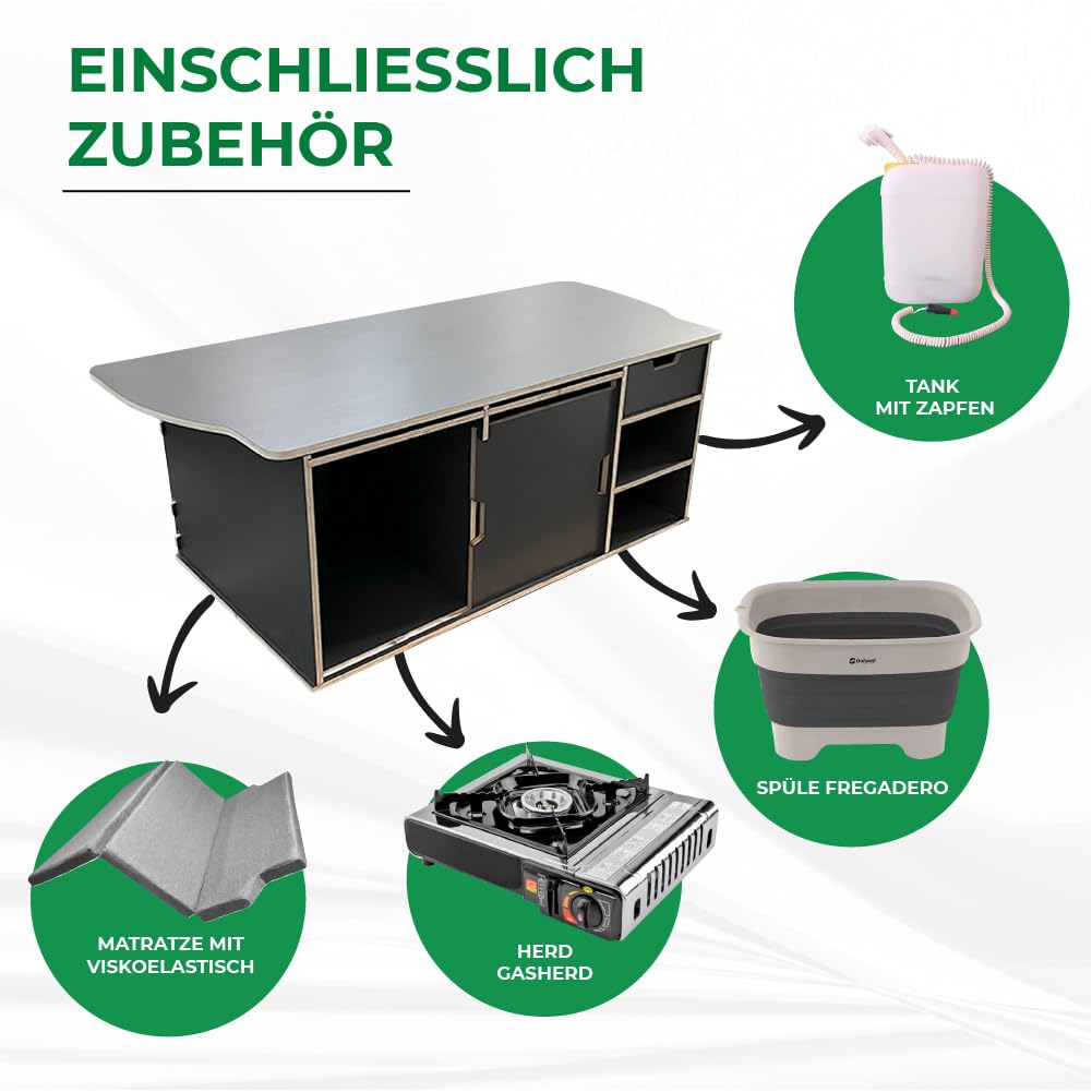 Campingbox für Van/Bus VW Multivan und California T5, T6, T6.1 inkl. Zubehör (Campingküche, Sitzplätze) und Matratze, Kit Campinboxen Abnehmbar Camper-Möbel-Set