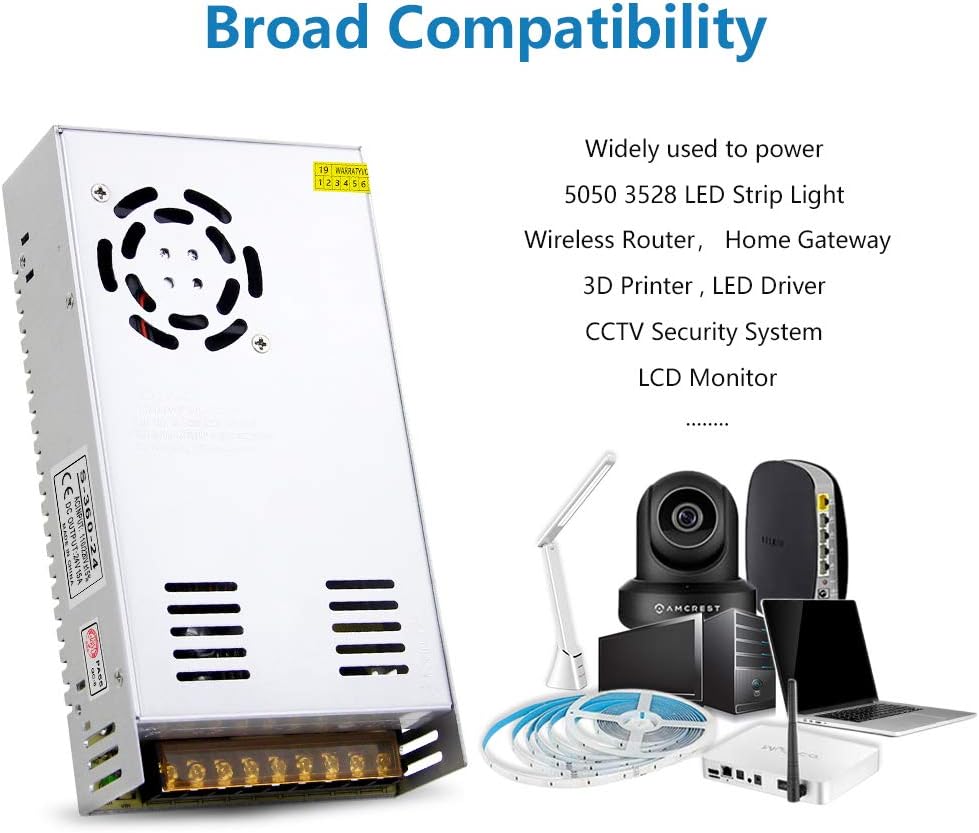SHNITPWR 24V DC Power Supply 15A 360W AC/DC Adapter, 24 Volt 15 Amp Switching Power Converter Transformer LED Driver 110V / 220V AC in for LED Light Strip 3D Printer CCTV Security System LCD Monitor