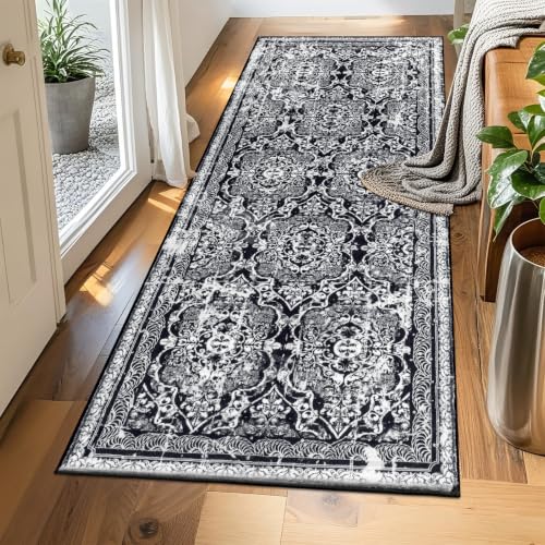 Vaukki Hallway Runner 2x5 ft, Black Vintage Shaggy Soft Kitchen Rug