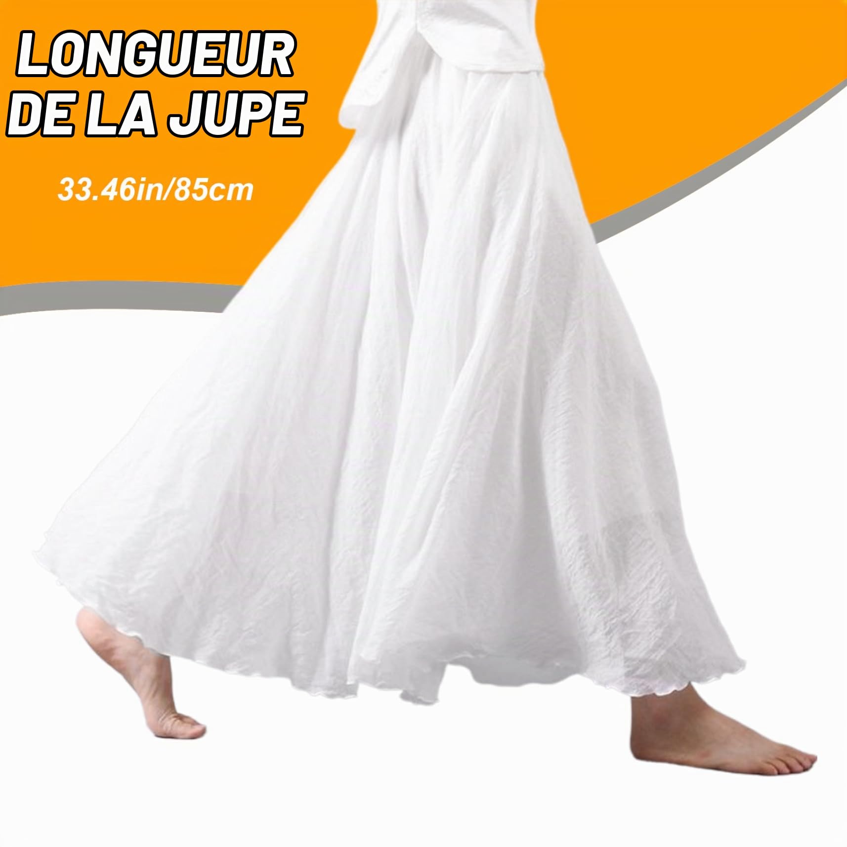 Jupe longue en lin jupe longue bohème blanche à plis coupe trapèze double épaisseur taille élastique 85 cm fluide pour la plage