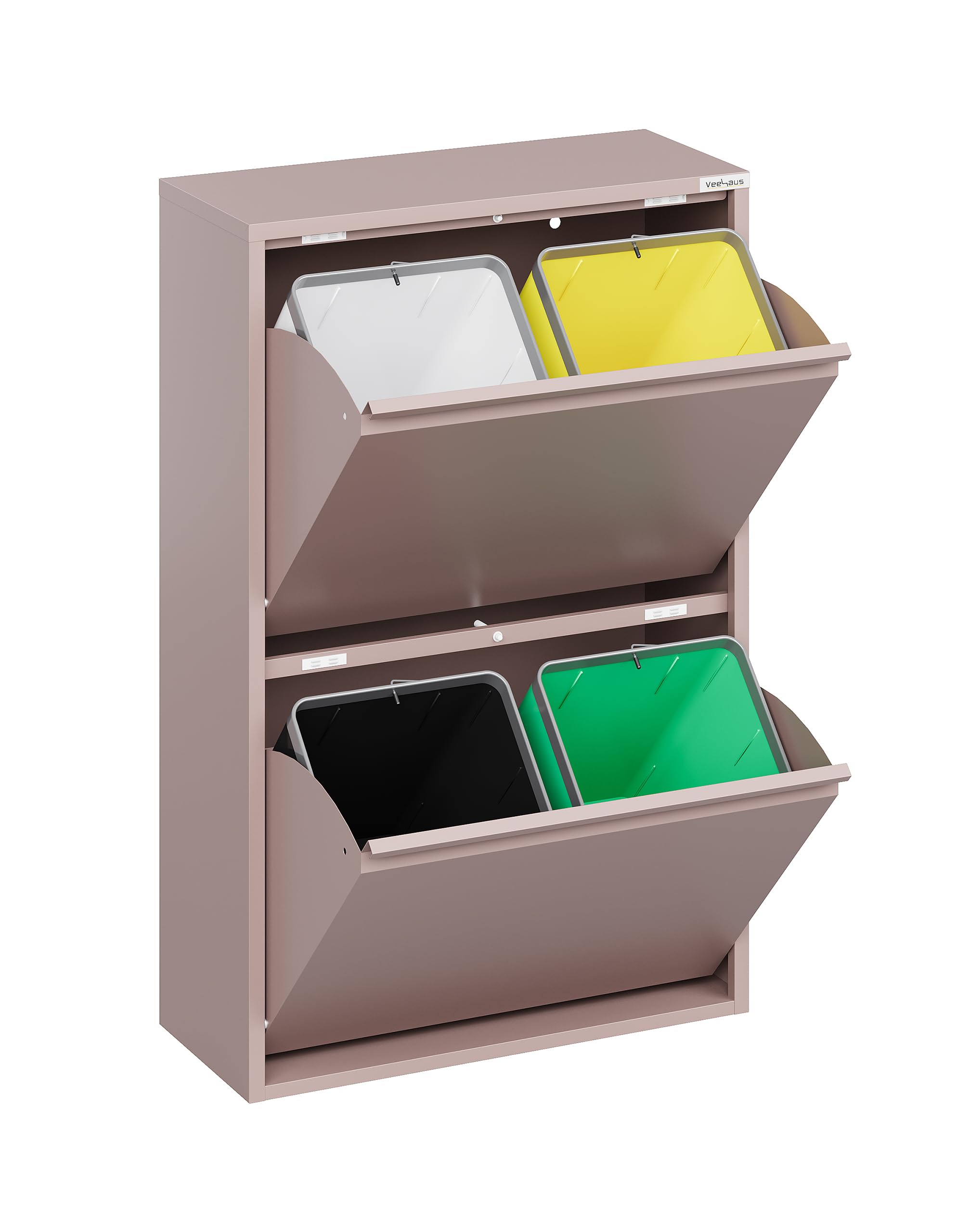 VEEHAUS Küchen Mülltrennsystem, Metall Müllschrank, 4 Klappfächer 4 x 15 L | Freistehend & vormontiert, 4 einzeln öffenbare Klappen, Magnetische Front, Herausnehmbare Eimer, 60L Rosa