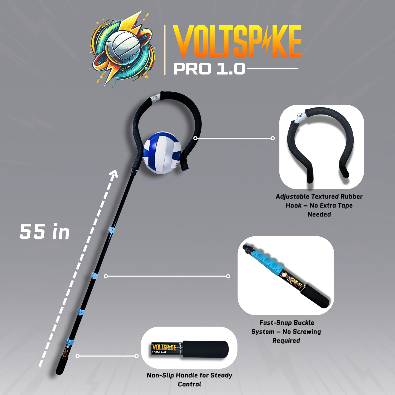 Spike Trainer – Entraîneur de volley-ball avec crochet à balle et perche réglable de 45,7 à 139,7 cm – Équipement d'entraînement à crampons de volleyball – Crochet flexible compatible avec