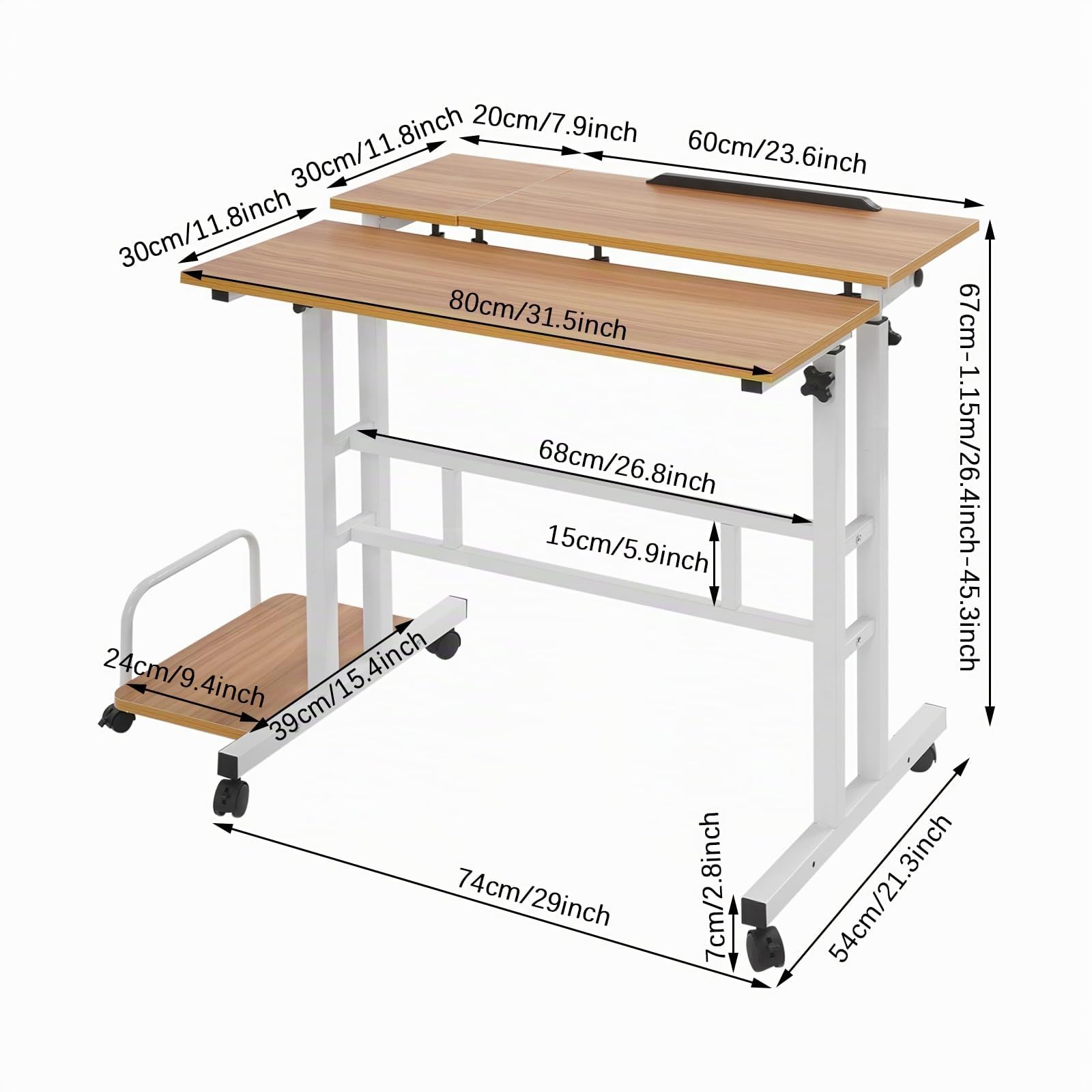 80 x 60 cm, scrivania regolabile in altezza, scrivania per computer portatile con 6 ruote, tavolo per PC portatile, supporto per casa, ufficio, noce chiaro