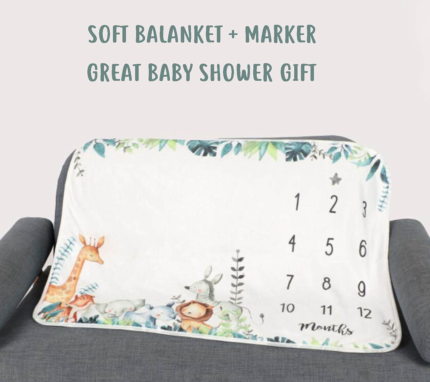 Popfavors, Yuzioey Safari Baby Monthly Milestone Blanket - Jungle Animals Growth Chart for Nursery Decor - White, 50Inx40In - Includes Marker - Image 2