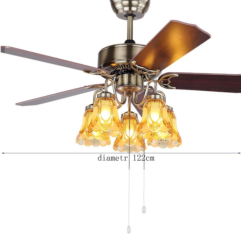 YUEGOO Ceiling Fans with Lamps,Retro Leaf Fan Chandelier European Antique Simple Restaurant Living Room Home Ceiling Fan Light E27*5/48 inch Remote Control Switch