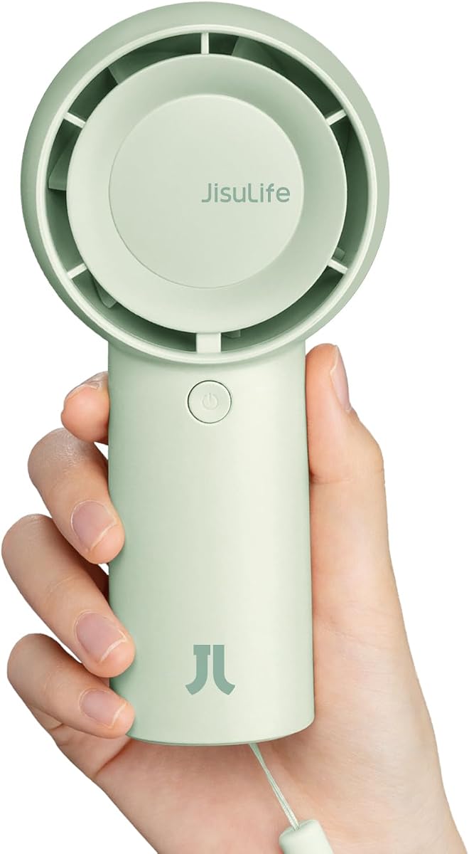 JISULIFE Ventilador turbo portátil de mano recargable 4000 mAh 5 velocidades (verde) | Hasta 16H de refrigeración máxima, ventilador de bolsillo personal con batería para viajes/al aire libre/vacaciones/conciertos, regalos de cumpleaños para mujeres