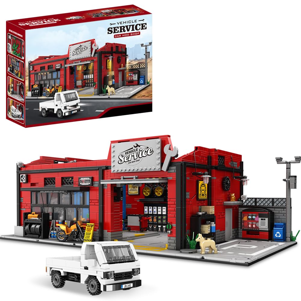 39148 American-Style Parkplatz Reparatur Shop Baustein Set mit Beleuchtung, 2819 Stück Shop Gebäude Modell Baustein Sets, Erwachsene Kreative Enthusiasten Modell Geschenke und Sammlerstücke