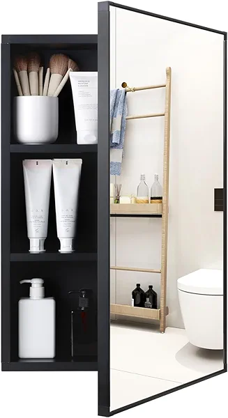 ANTIS'S HOME Medicine Cabinet, Non-recessed Matte Black Aluminum Bathroom Mirror with Storage, 16 x 24 inch Mirror Cabinet Wall Mounted Storage Cabinet, Rectangle Modern Vanity Cabinets