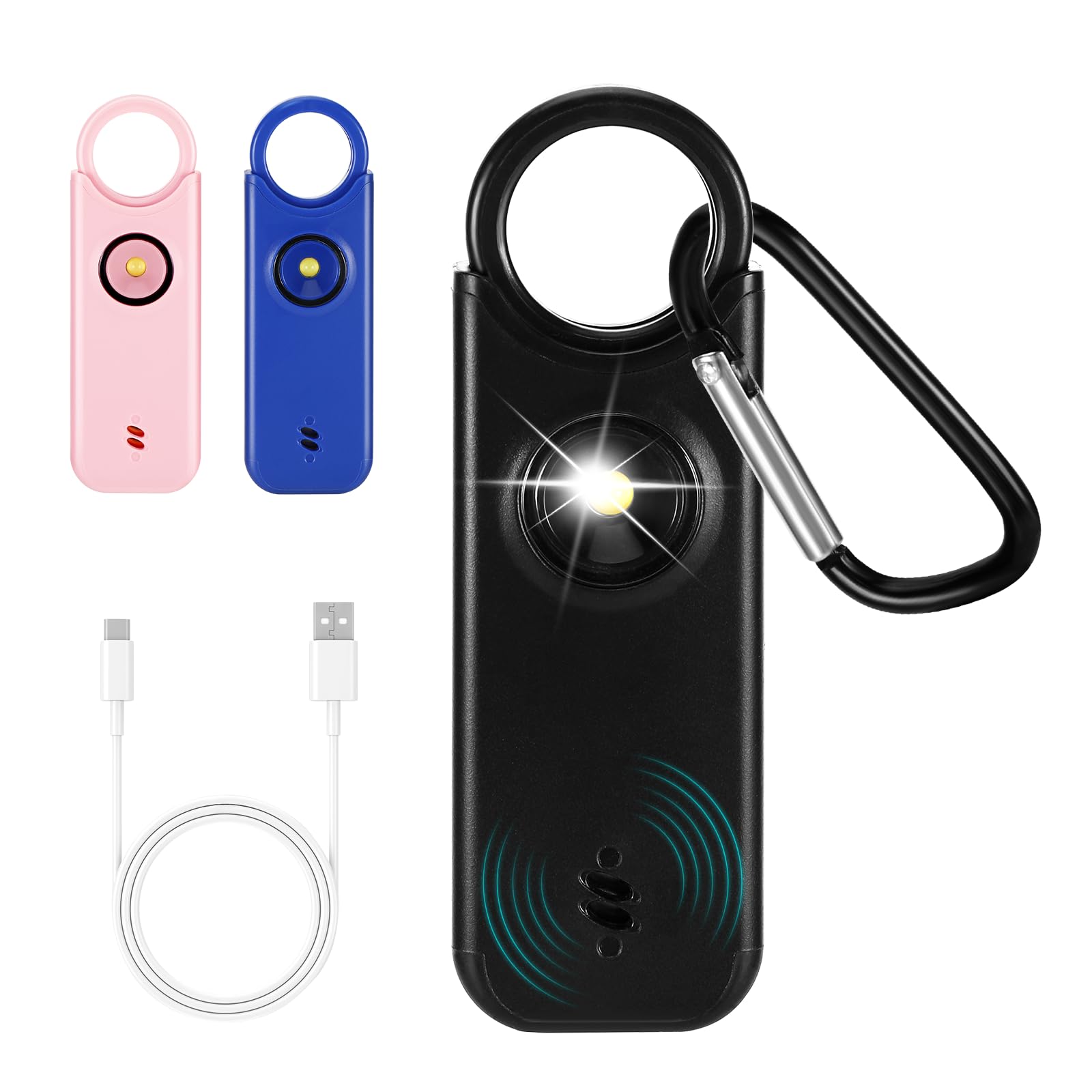 Sprifityy Alarma Personal, Alarma De Bolsillo para Mujer, con Sirena de 130 dB y luz de Señalización LED, Llavero Recargable USB Tipo-C para Mujeres, Niños/Mujeres/Ancianos (Negro)