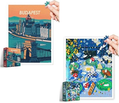 PieceRelax Two Plastic Jigsaw Puzzles Bundle - 1200 Pieces Studio Inception - World Travel - Budapest and 2000 Pieces Fangyu Ma - Its Party Night [H3474+H3498]