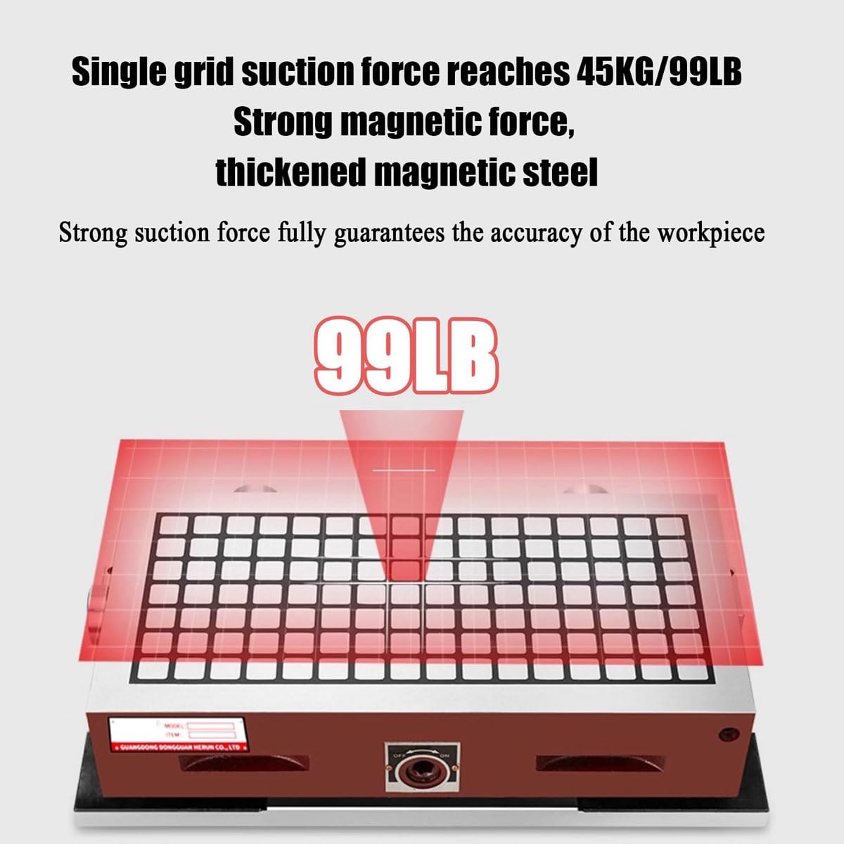 Prostokątny uchwyt magnetyczny 15 x 15 cm, uchwyt szlifierki magnetycznej CNC 0-60°, 45 kg pojedyncze siatki ssące, 230 N/cm2 i ≤ 2 N/cm2, do obróbki przedmiotu obrabianego